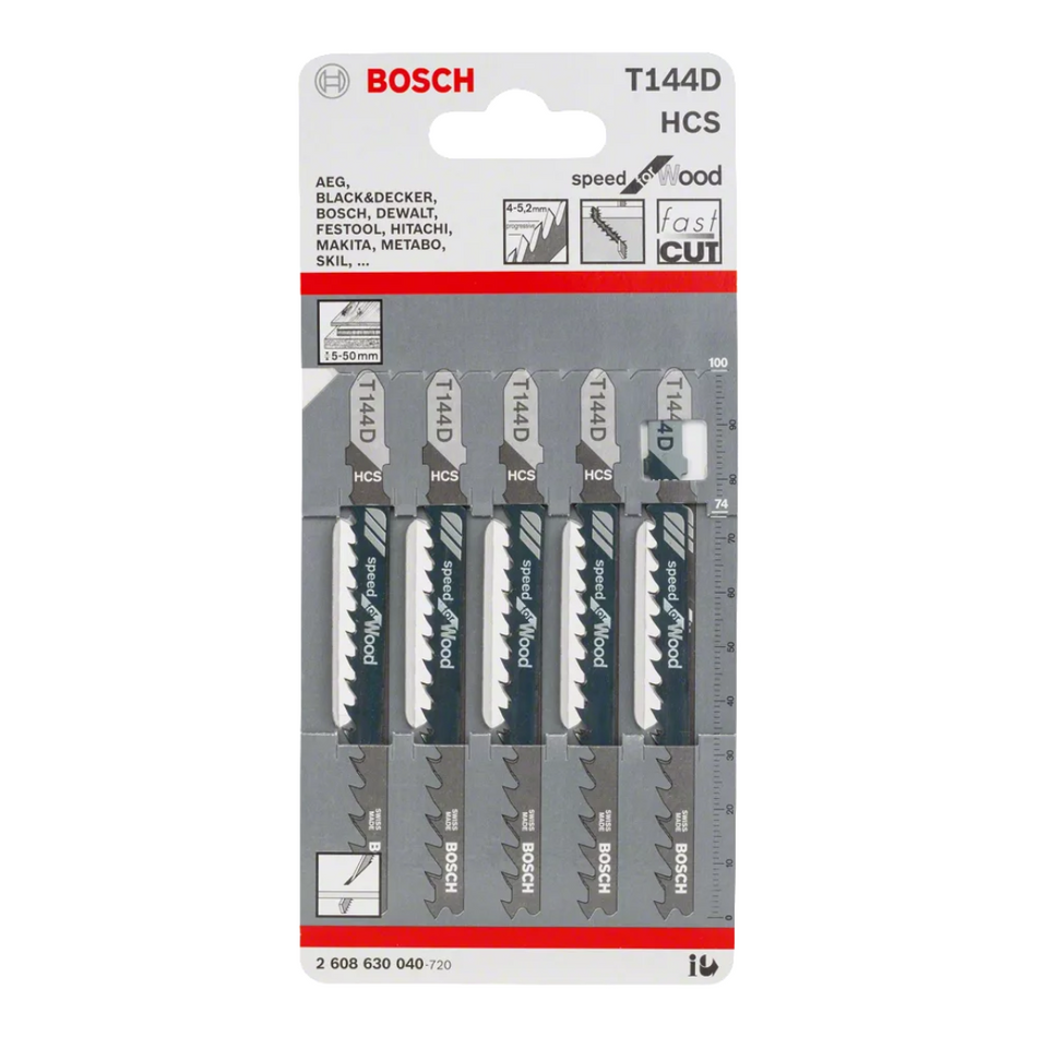 Bosch T144D Jigsaw Blade Speed Upper Cut for Wood 5pk - 2608630040