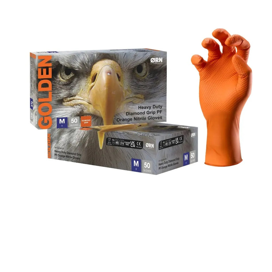 ORN Golden Heavy Duty Orange Powder Free Diamond Grip Nitrile Disposable Gloves Box 50